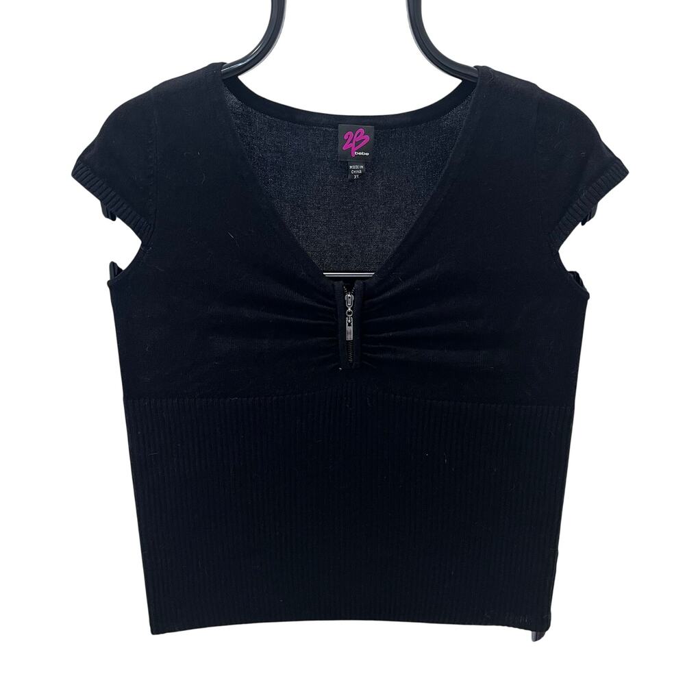2B Bebe Women's XS Black Zipper V-neck Short Sleeve Fitted Sweater Top